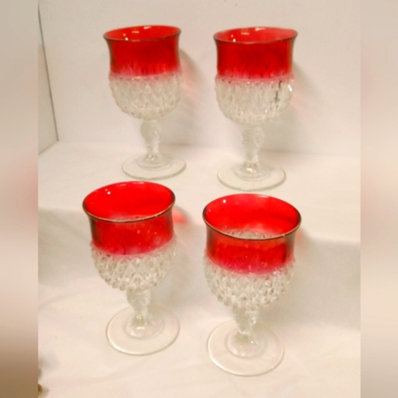4 Indiana Glass Stemware Goblets 8oz Faceted Cut Cranberry Wine Vintage